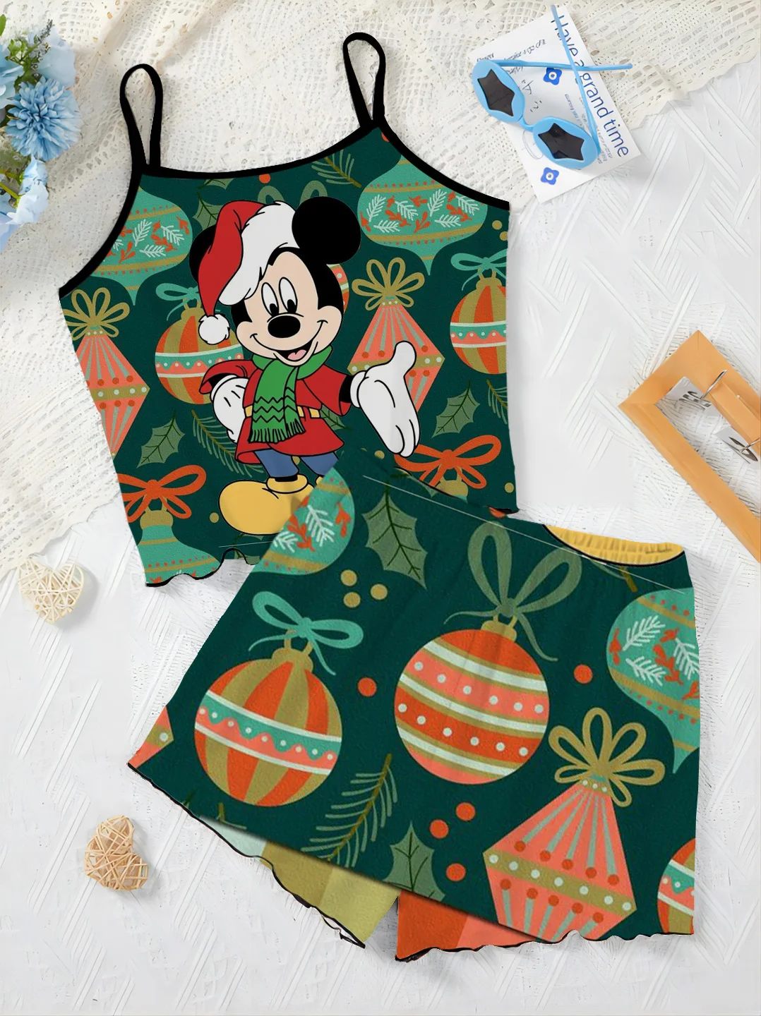 Lettuce Trim Slip Dress Women's Suit Mickey T-shirt Short Sets Christmas Minnie Mouse Pajama Skirt Top Disney Pieces Elegant Top