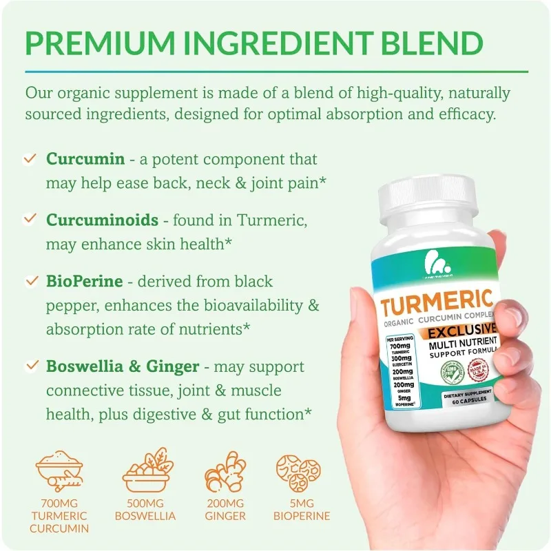 

Organic turmeric complex containing frankincense, black pepper, ginger - for intestinal and joint support -60 capsules