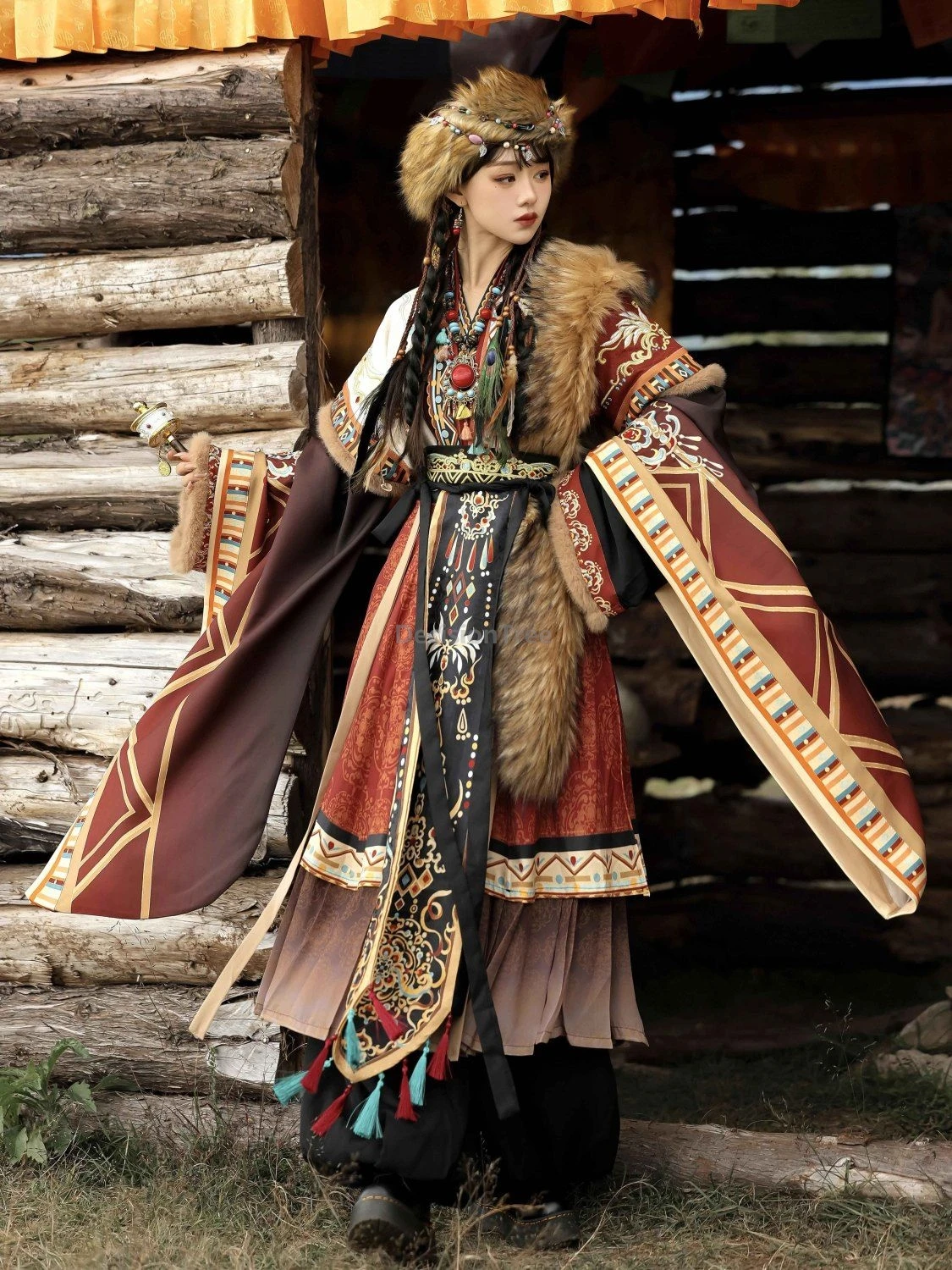 

2025 китайская тибетская женская повседневная характерная одежда, зимняя утолщенная теплая экзотическая одежда ханьфу, изысканная вышивка с принтом ханьфу