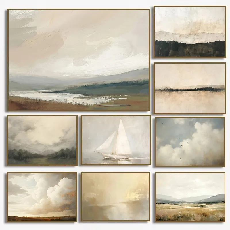 Abstract Cloudscape Sailboat Coastal Landscape Neutral Fine Art Poster Canvas Painting Wall Pictures Home Interior Decor