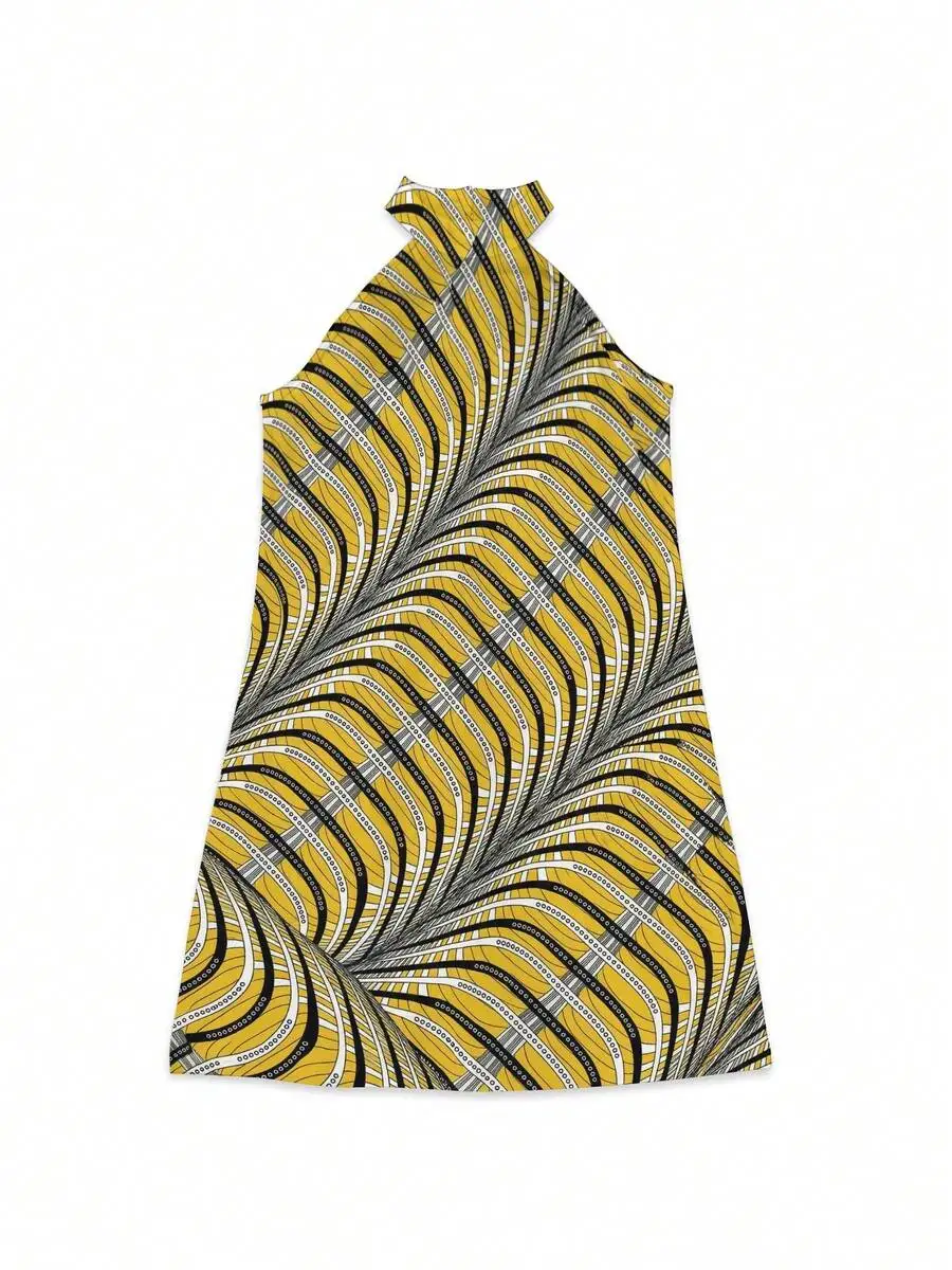 

Abstract Geometric Pattern Women Halter Dress Yellow Black Stripes Summer Casual Beach Wear