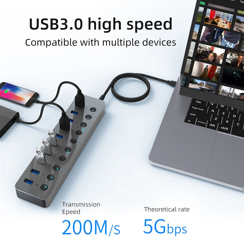 Blueendless USB Hub 3.0 USB High Speed 7/10 Port extended Aluminum Alloy Splitter Independent Switch Adapter for PC Accessories