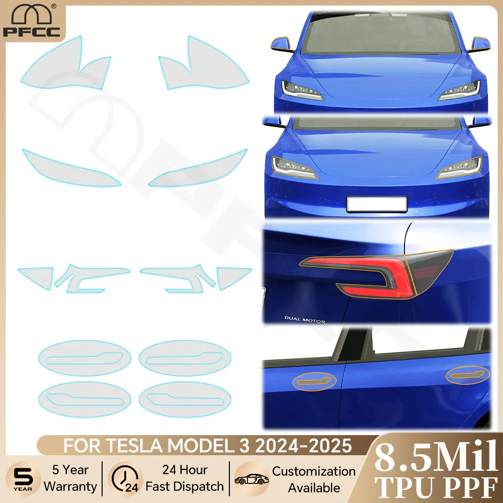 

For Tesla Model 3 Highland 2024 2025 Pre-cut PPF Bra Headlight Rearview Door Handle TPU Paint Protection Film Clear Anti-scratch