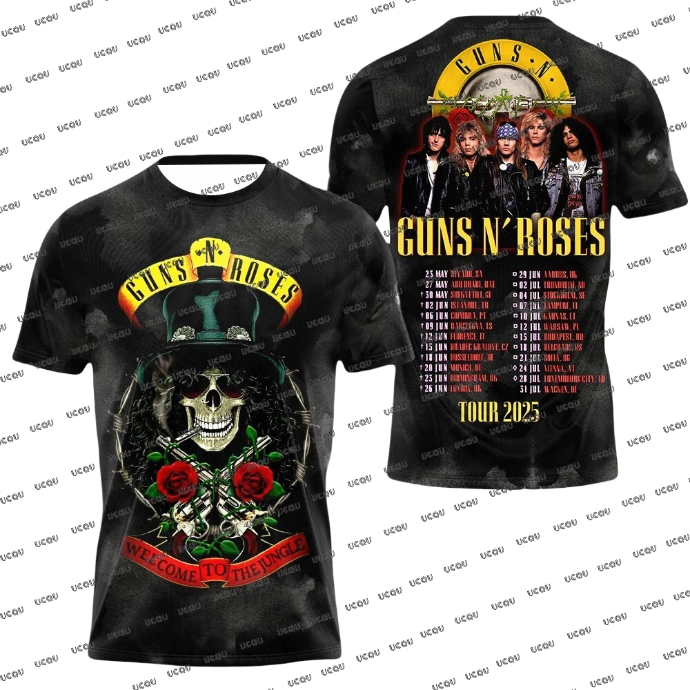 Guns N 'Roses 2025 قائمة جدول جولة العالم التي شيرت المشجعين هدية تي شيرت موضة الرجال والنساء ملابس الحفل عادية المتضخم