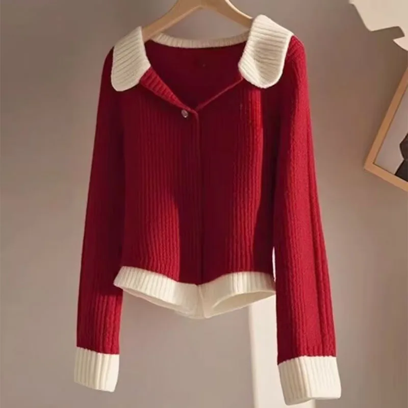 2024 Autumn Winter New Vintage Solid Knit Jumper Women Clothing Fashion Chic Turn-down Collar Sweaters Loose Warm Wool Pullovers