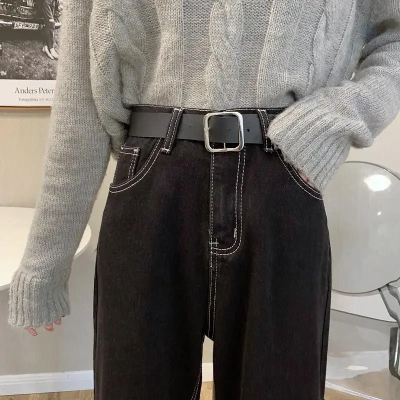 Plus pantalones vaqueros de terciopelo para mujer, pierna ancha negra, estilo coreano, universidad, elegante, cintura alta, combina con todo, Vintage, estudiantes, ocio, holgado, Harajuku