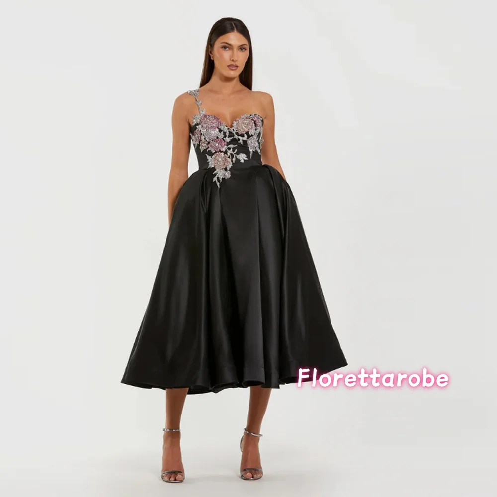 

Customized Elegant Satin Appliques Diamond Beads Prom Dress Women One Shoulder A-line Sleeveless Party Short Evening Dresses