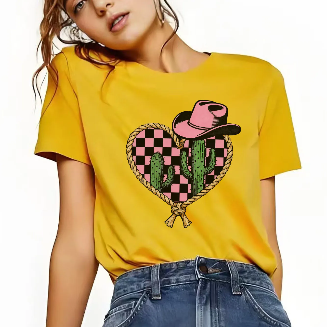 レトロなウエスタン カウボーイ ハット プリント レディース 半袖 Tシャツ 夏 ラウンドネック 多用途な日常使用に適しています