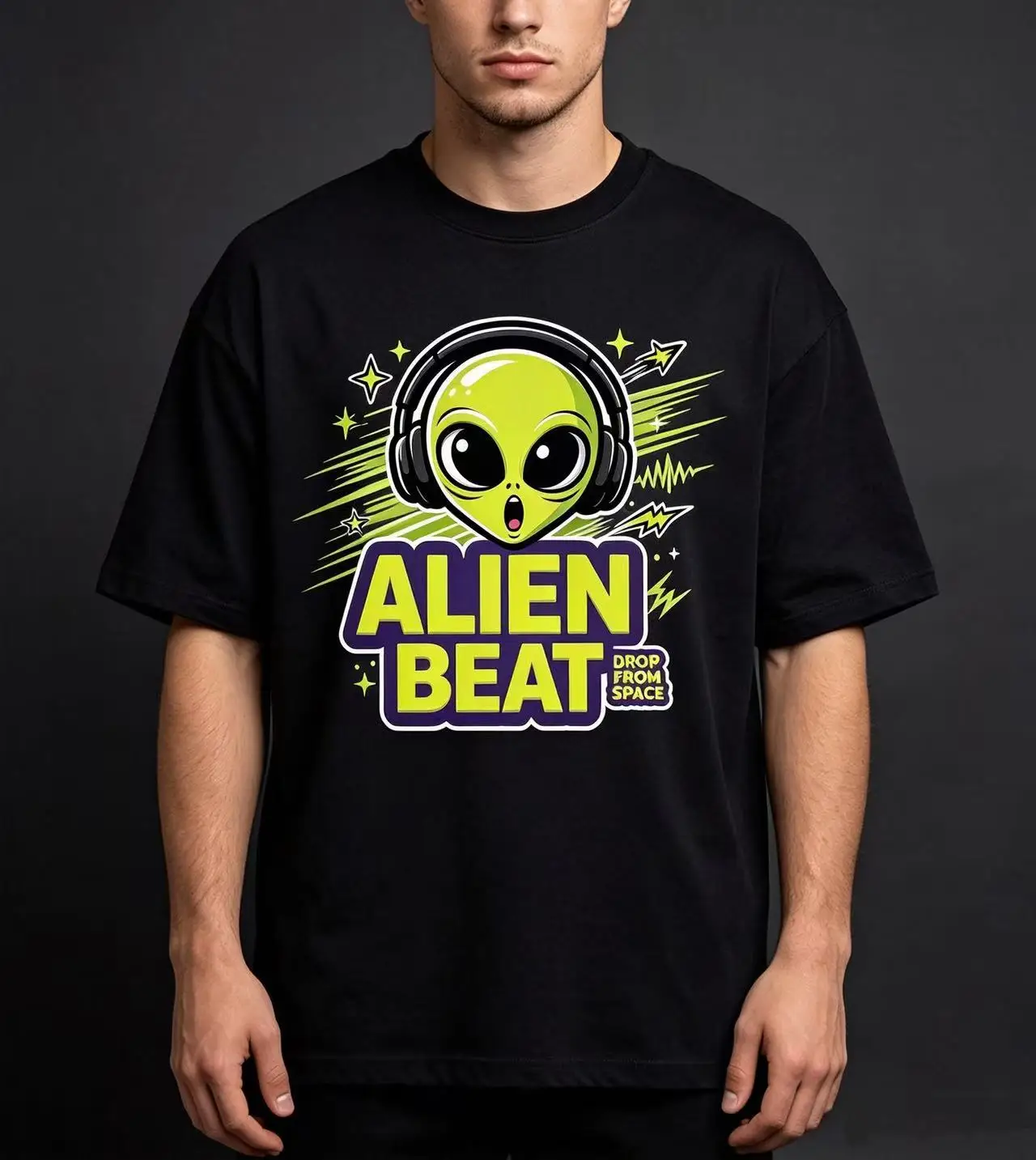 Unisex Alien Beat Drop From Space Alien Headphone Star Graphic T Shirt Men Women Cartoon Space Music Print Oversized Crew Neck Short Sleeve Tee