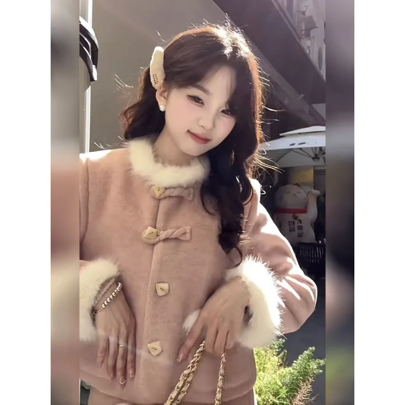 معطف صوفي أنيق بمقاس كبير وتنورة صغيرة مكونة من قطعتين للنساء على طراز الشارع فضفاض وأكمام طويلة ورقبة دائرية لون نقي...