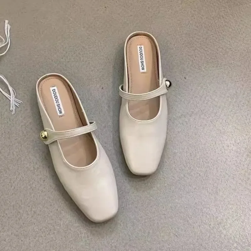 Soft  Leather 2024 Ins Silver Buckle Strap Casual  Shoes Fashion flats elegant glitter metallic mules shoes cover Toe Slippers