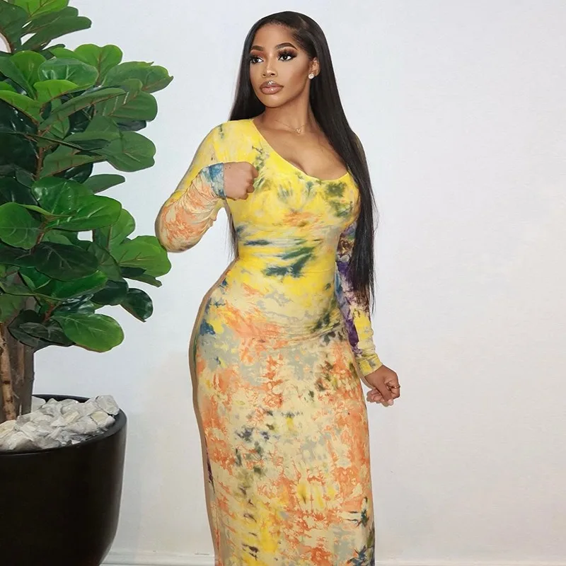 Women's Oil Paintings Print O-Neck Long Sleeve Waistband Hips Wrapped Long Dress