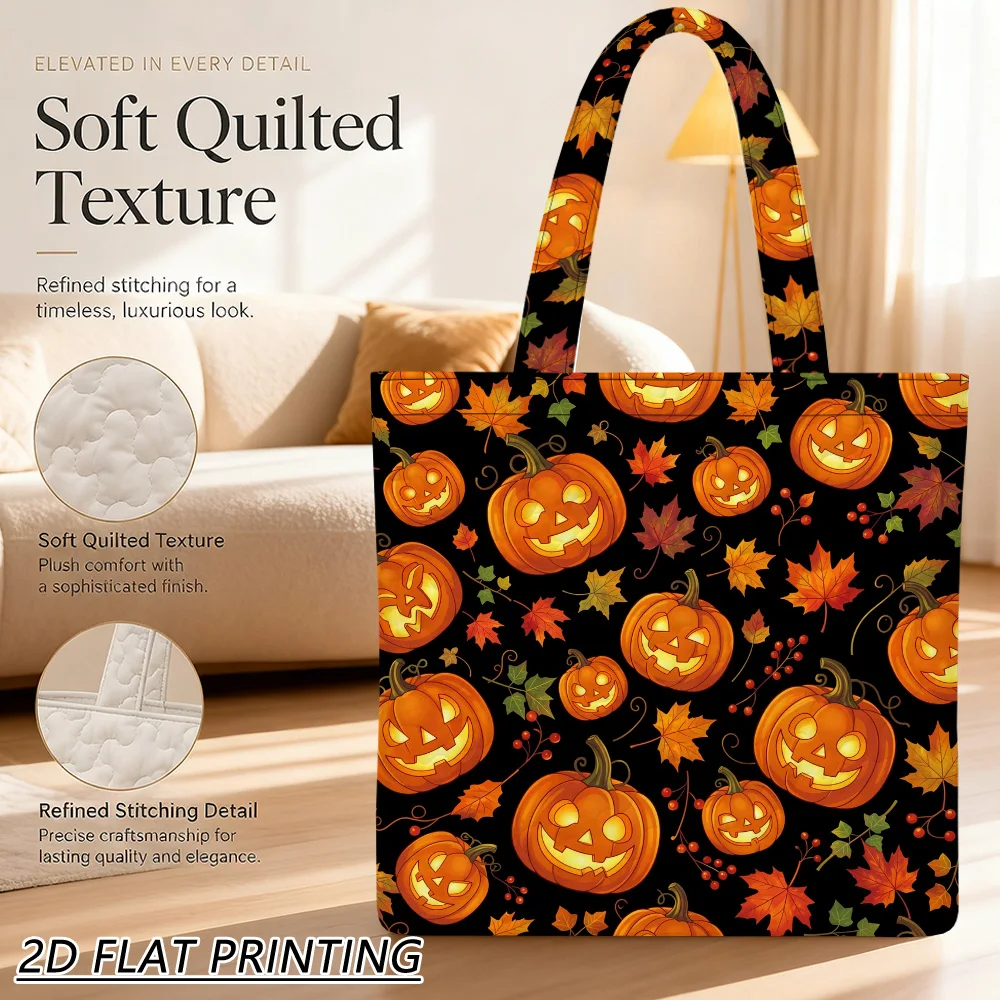 1pc Jack o lanterns autumn leaves Quilted Women'S Shoulder Bag, Reusable Large-Volume Storage For Home And Short Trip Fun