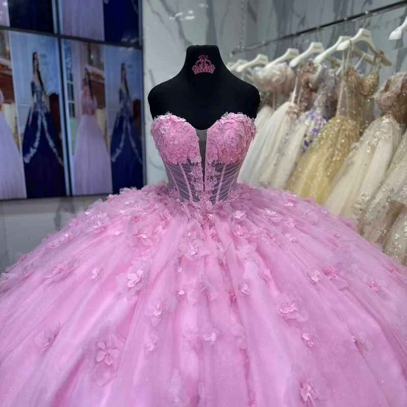 Mexican Pink Quinceanera Dresses Ball Gown Beaded Flower Tull Corset  Sweet 16 Dress Princess Lace Up Vestido De 15 Anos