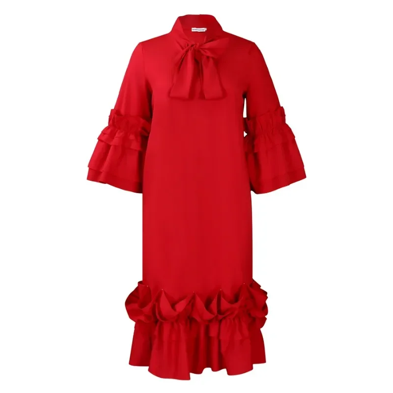 Women Shirt Dress Loose 4 3 Sleeves Pleated Ruffles Bow Collar Elegant Ladies African Spring Summer Office Work Wear Church Gown