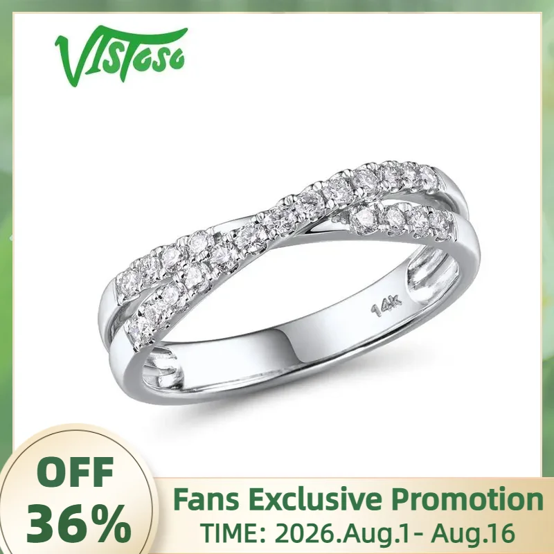 VISTOSO Pure 14K 585 White Gold Rings For Women Sparkling Diamond Cross Twine Ring Promise Engagement Anniversary Fine Jewelry