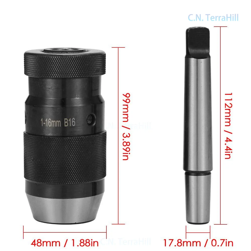 High Precision Self-Tightening Drill Chuck 16B16 Medium Duty with MT2-B16 Arbor Morse Taper 2 Shank for Bench Drill Press