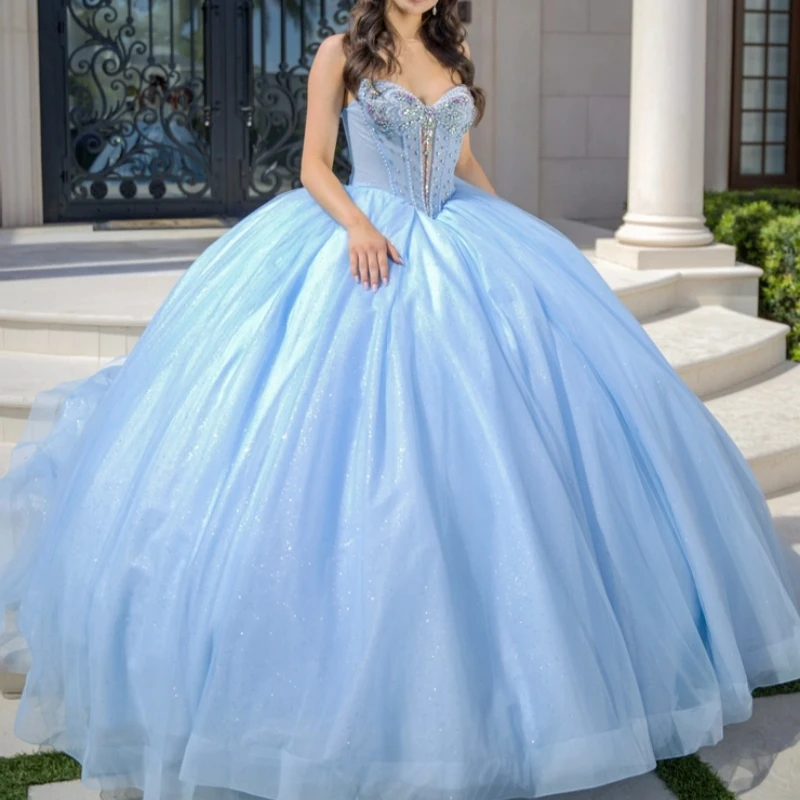 

Sky Blue Shiny Ball Gown Quinceanera Dresses Off The Shoulder Beading Crystal Tull Party Birthday Sweet 16 Dress Vestidos 15 De