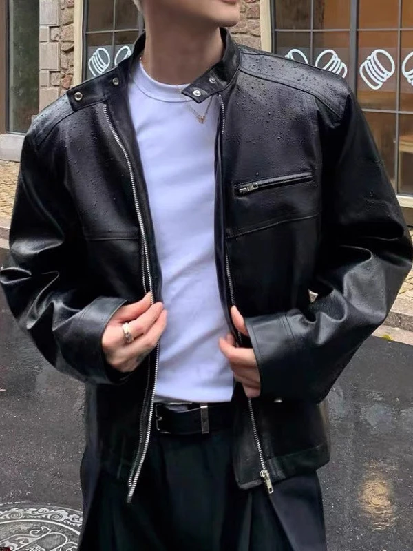 Men's 2025 Autumn New High Street Stylish Versatile Jackets American Style Retro Small Stand Collar Loose Faux Leather Jackets