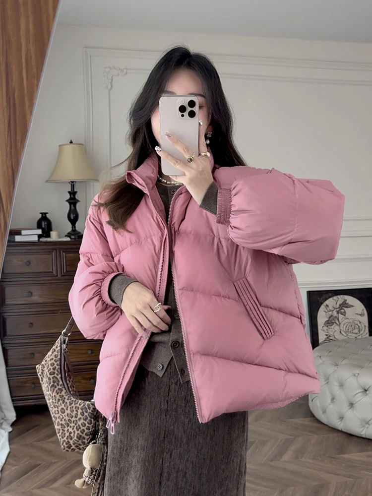 

Женская короткая пуховая куртка Zhang ei, розовая, с наполнителем из белого пуха, с воротником-стойкой, зимнее пальто для повседневной носки, корейская версия