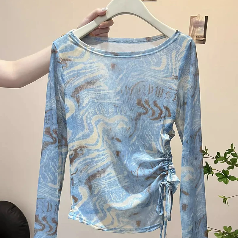 Retro Tie Dye Me Sun Protection Long Sve T-irt Design Sensation Summer Vaion Irregular Dstring Design Women's Top