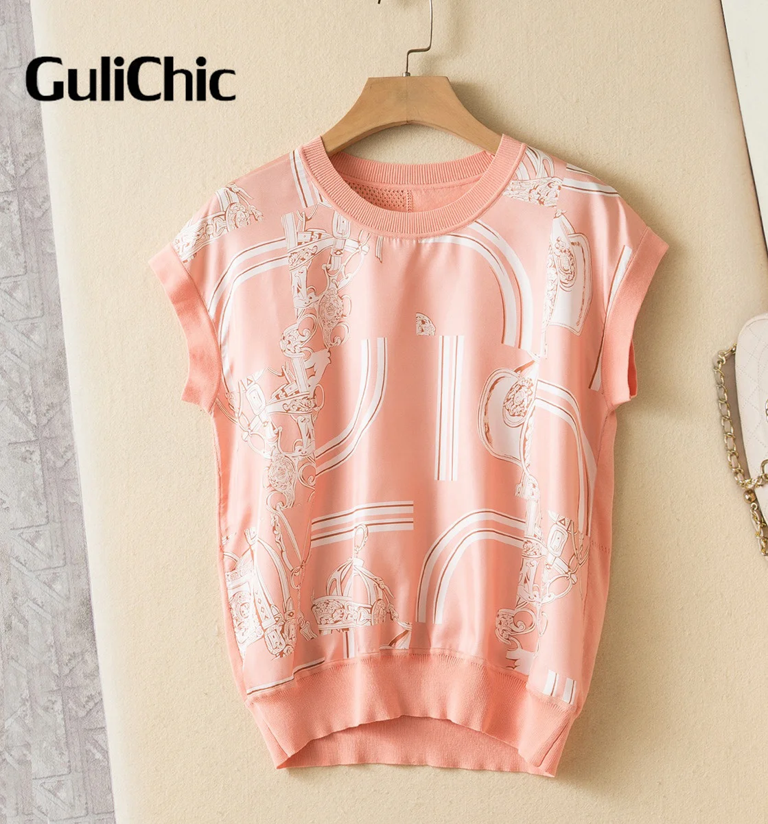 4.26 GuliChic Geometric Pattern Print Tees Women Crew Neck Raglan Short Sleeve 100% Silk Spliced Knit Hollow Out Design T-Shirt