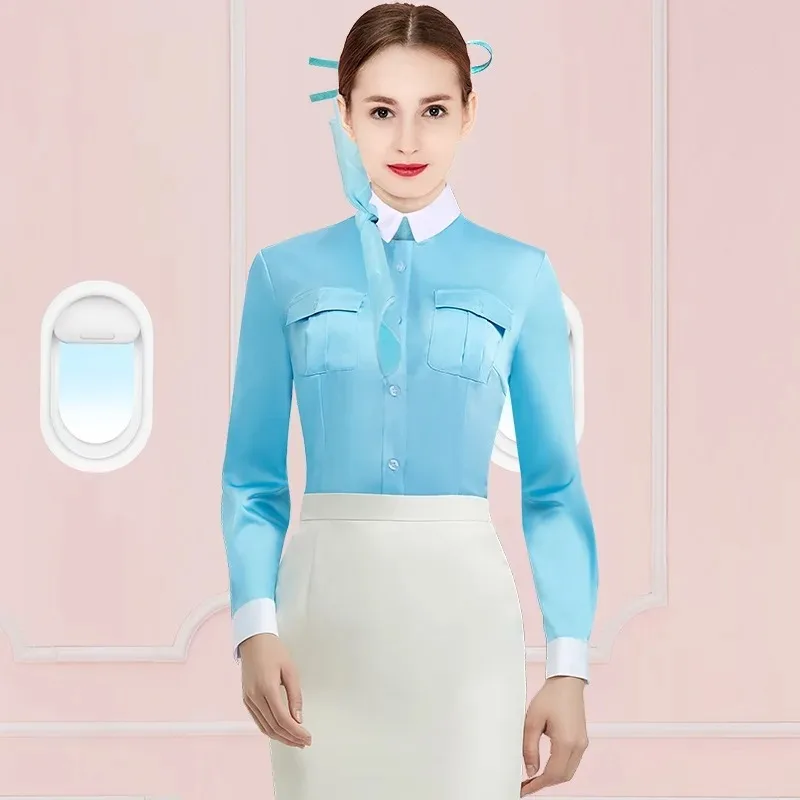 Hot Sale South Korean Women's Airline Aviation Stewardess Uniform Skirt Short Full Sleeve Shirt Blue Color Work Clothes