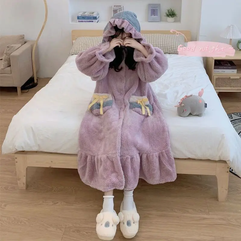 Ruffles Robe Women Sleepwear Hooded Nightdress Winter Fleece Pajama Night Wears Warm One Piece Nightgown Button Homewear 2024