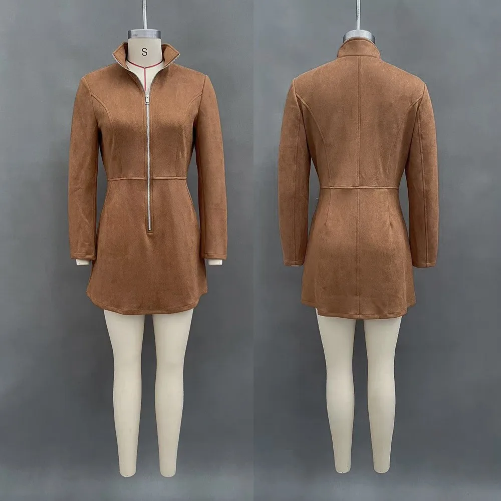 Women’s Suede Vintage Zipper Mini Dress Brown Long Sleeve A-Line Elegant High Neck Autumn Chic French High Street Short Dresses
