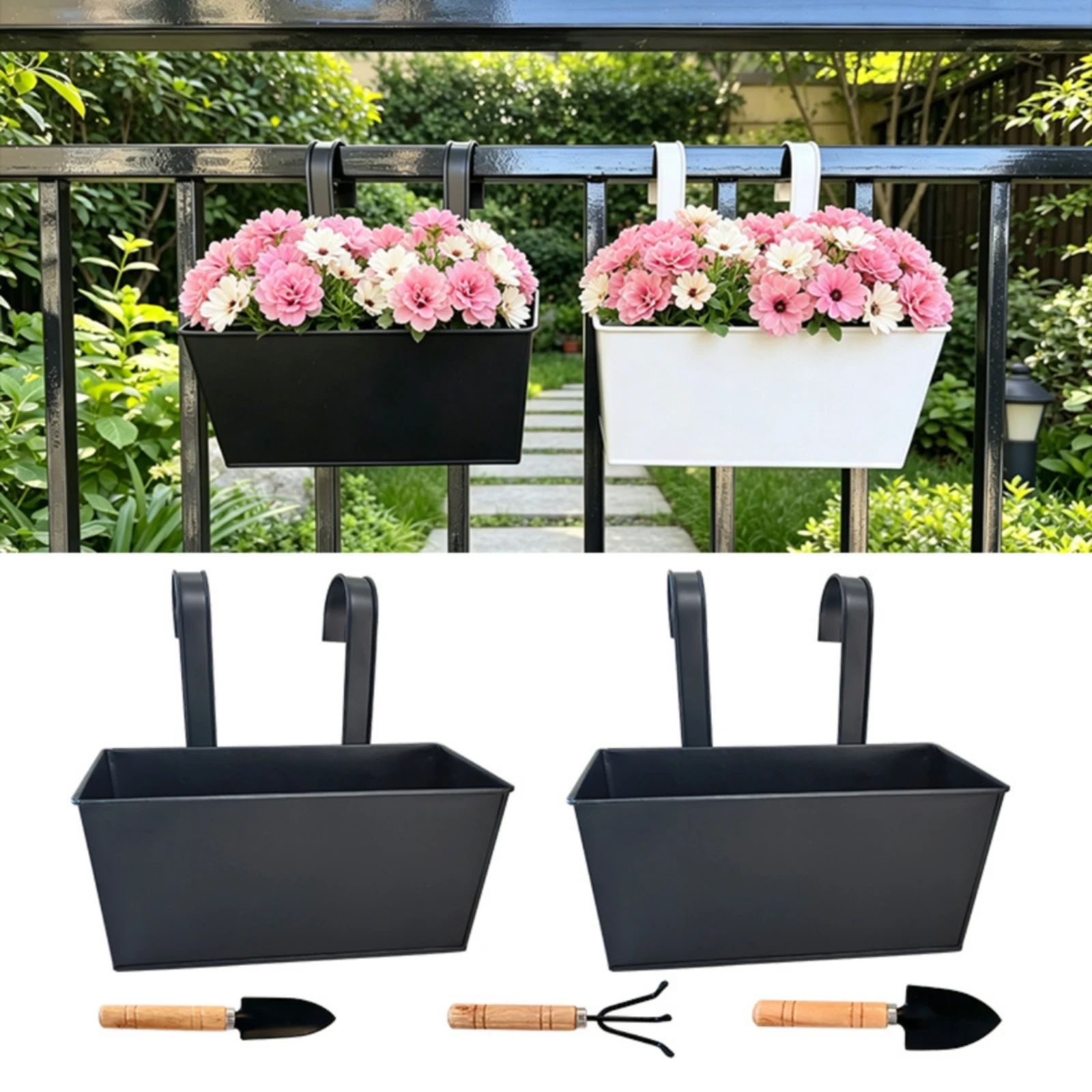 2 Pieces Hanging Flower Box Outdoor Hanging Planter Balcony Planter Matte Black Rectangular for Apartment Dwellers, Railing view 6