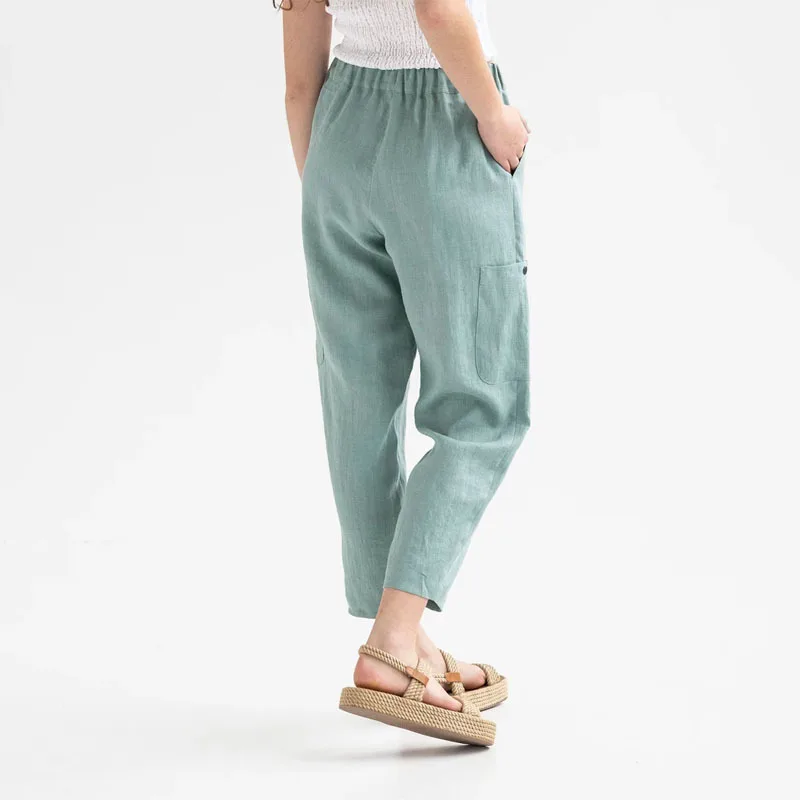 Fashion Cotton Linen Pockets Solid Color Pants Summer Loose Fitting High Waisted Cotton Linen Womens Casual Wide Leg Trousers