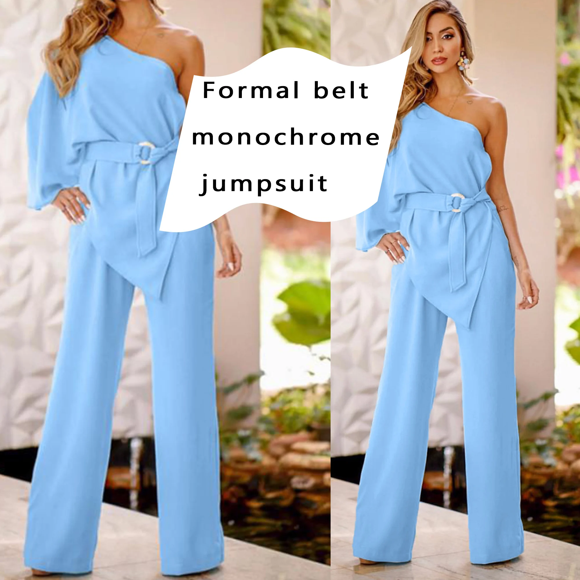 

Women's regular monochrome high waisted jumpsuit women's irregular single long sleeved with waistband elegant jumpsuit