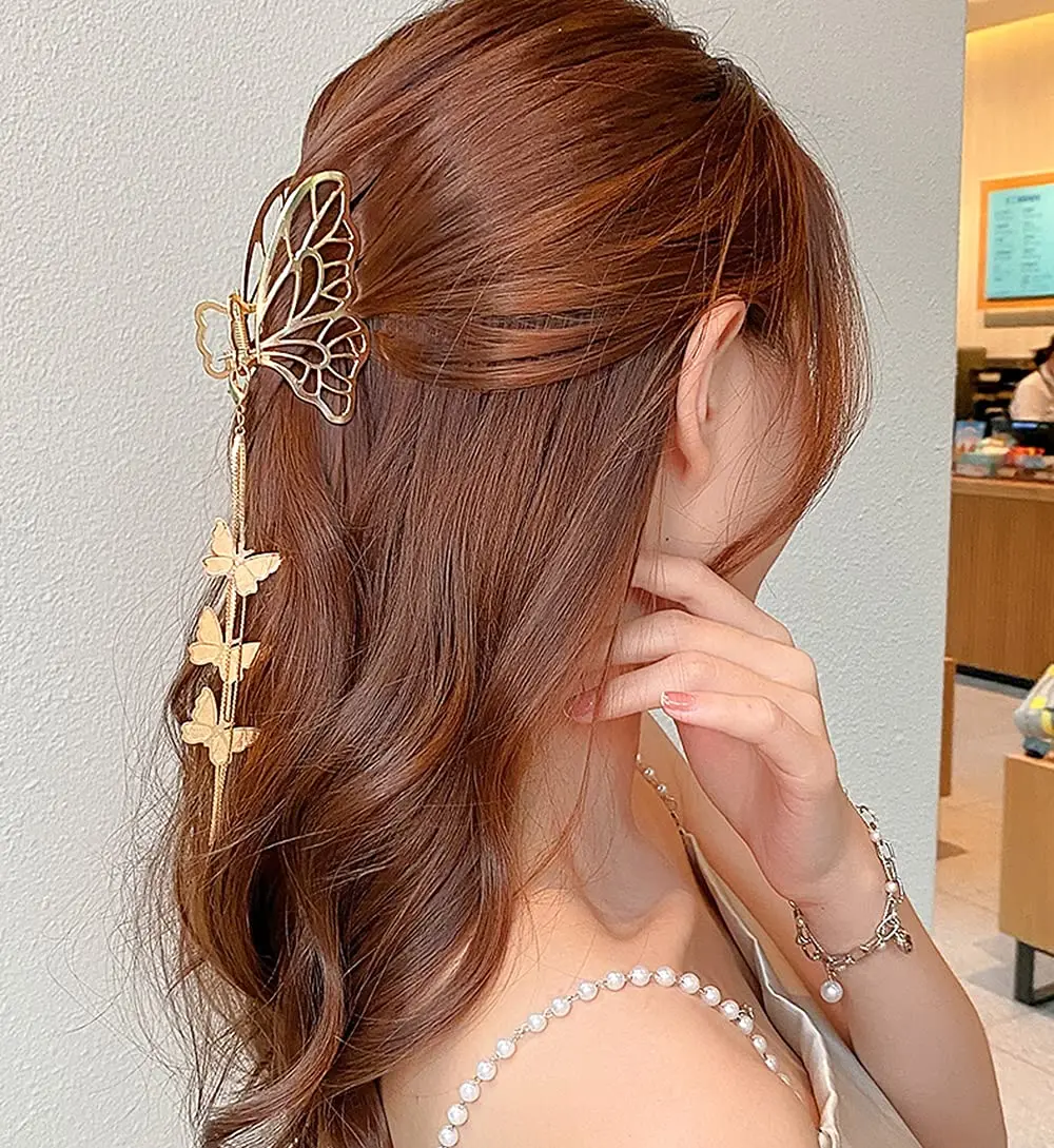 Vintage Metal Butterfly Hair Claw Nonslip Elegant Golden Geometric Hair Crab Clips With Butterfly Tassel Girls Hair Accessories