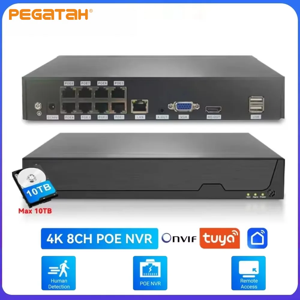 PEGATAH Tuya Smart Onvif 8CH 4K DH H.265 Video Surveillance NVR Recorder Motion Detect Recorder For POE IPC Camera CCTV System
