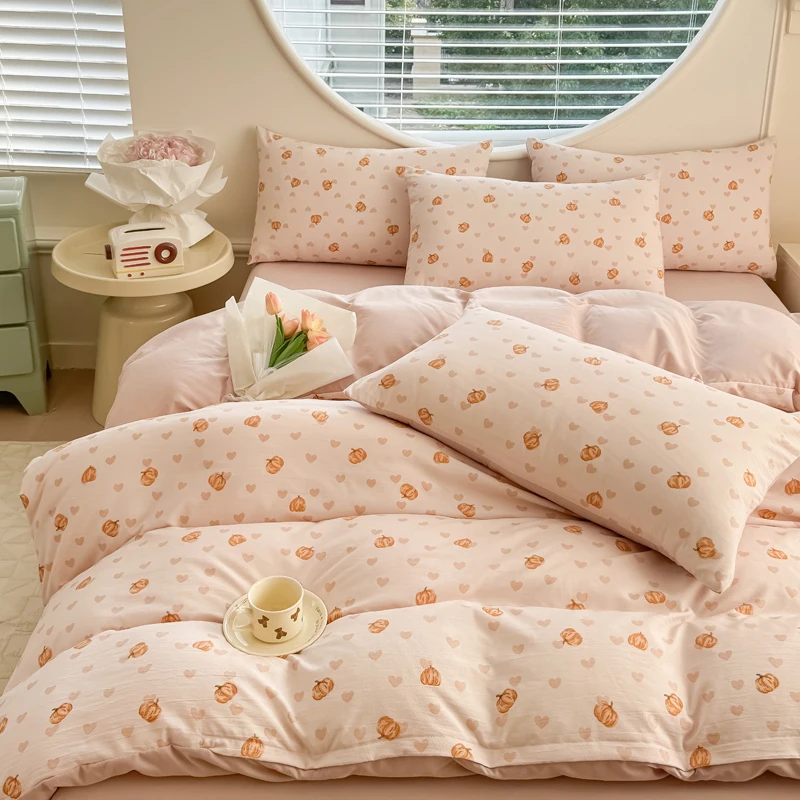 Double-layer Gauze Duvet Cover Pumpkin Print Quilt Cover Skin-friendly Bed Cover for Adults Queen Comforter Cover funda nordica