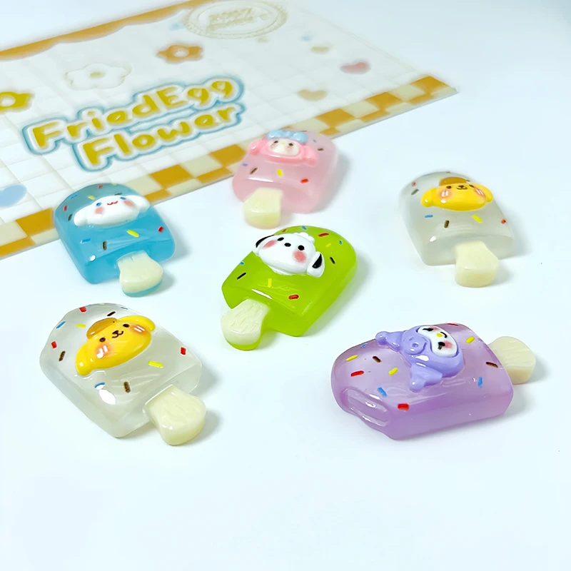 6PCS Sanrio Cartoon Figurines Miniatures Cute Luminous Cartoon Ice Cream Micro Landscape Ornaments For Home Car Room Decor