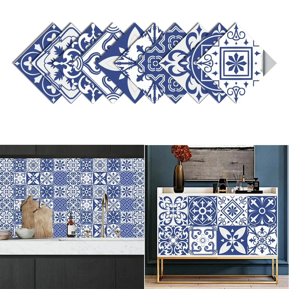 Blue tiled patterned frosted floor for kitchen backsplash tabletop wardrobe refurbished wall sticker room decoration accessories