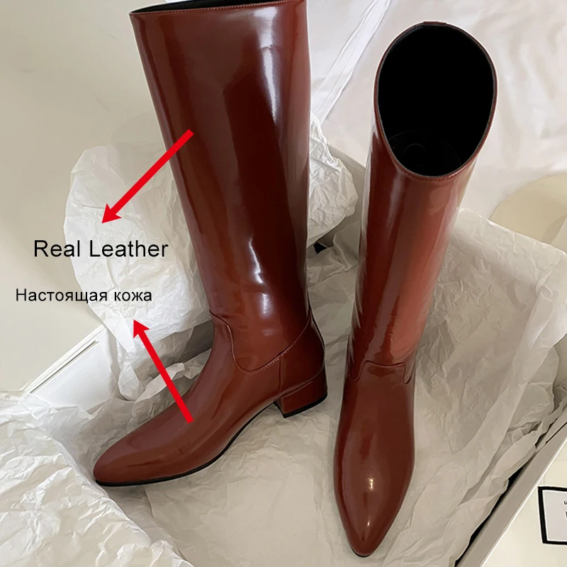 JOZHAMTA Size 34-40 Women Knee Boots Pattern Real Leather Low Heels Shoes Women Wide Calf Long Black Boots Office Lady Dress