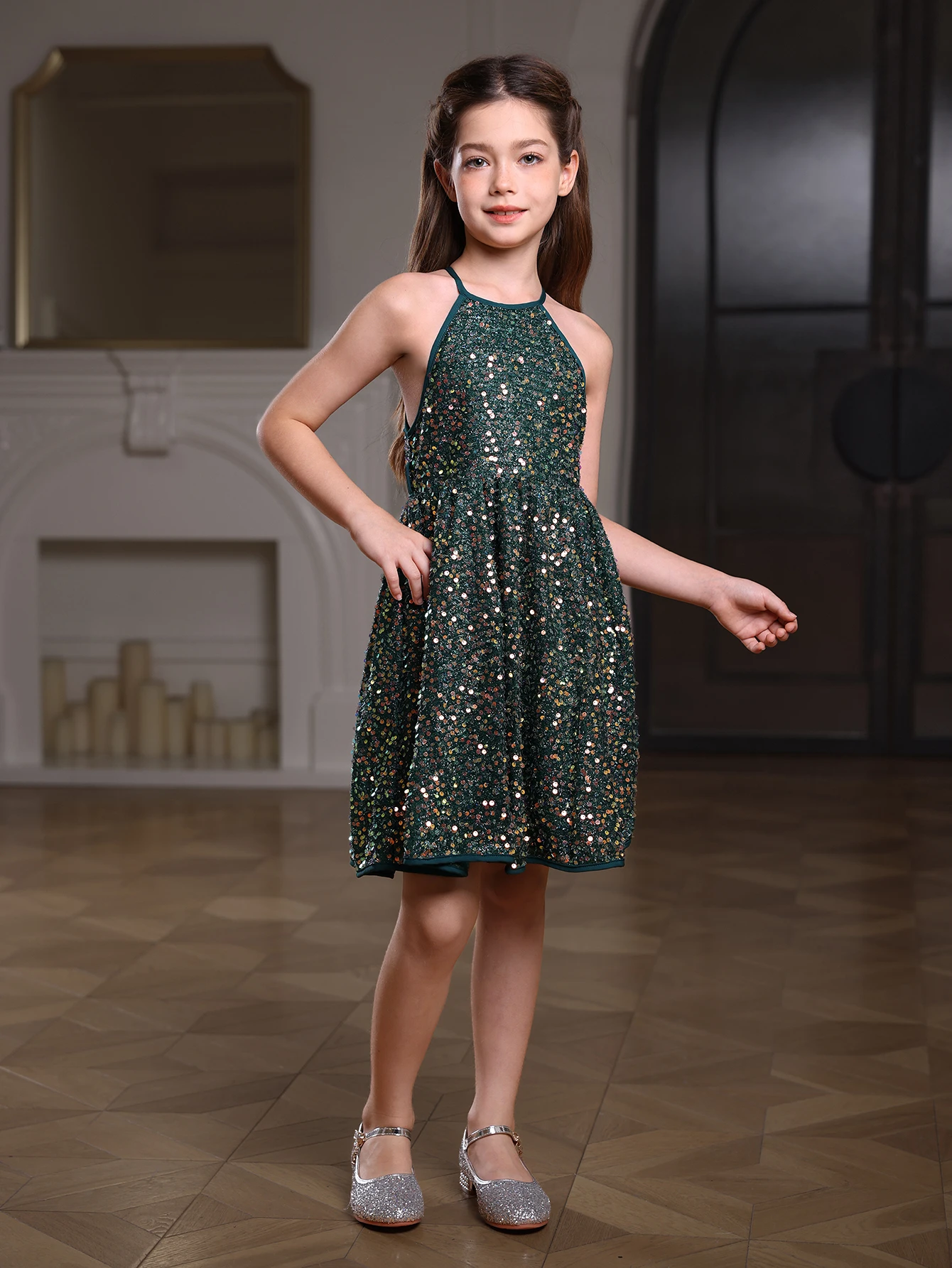 Elegant Girls Halter Neck Sequin Dress Versatile & Cute Dress Perfect For Weddings, Banquets, Birthdays,Season Party & More