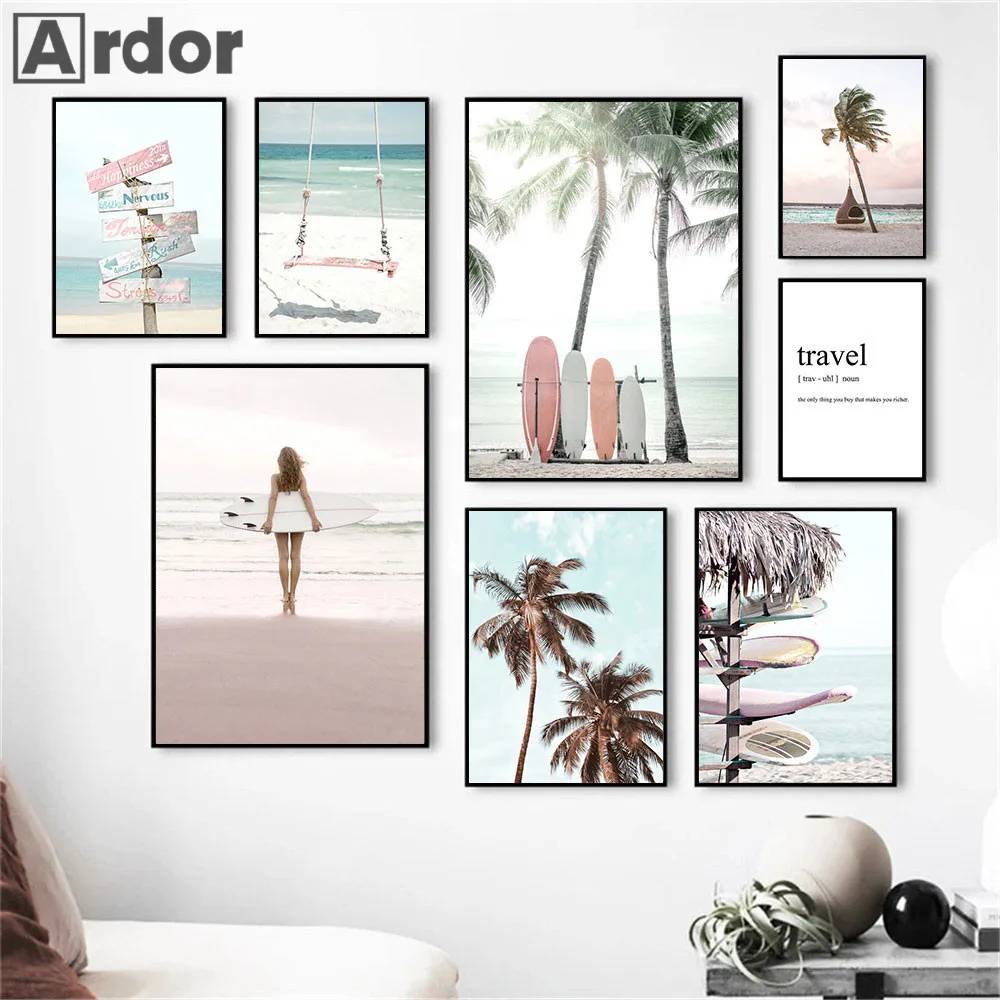 Starfish Shell Surf Girl Painting Beach Palm Tree Surfboard Canvas Print Pink Car Flamingo Wall Art Poster Pictures Home Decor