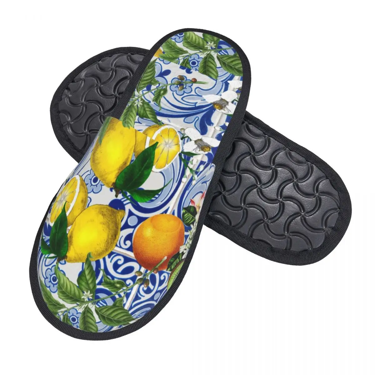 Mediterranean Lemon On Blue Ceramic Tiles Guest Slippers for Spa Women Custom Print Summer Citrus Fruit House Slipper