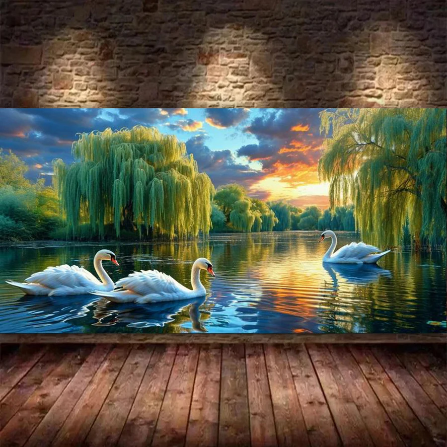 Willow Tree Swan Lake Landscape Diy Diamond Arts For Adults Painting Large Size Scenery Full Drill Mosaic Embroidery Picture