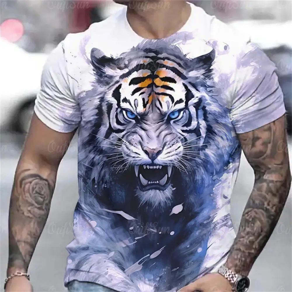 Fashion Tiger Graphic Print T-shirt Top Oversized Loose Round Neck Short Sleeve Tee Clothing 2025 Summer Men's T Shirts Clothes