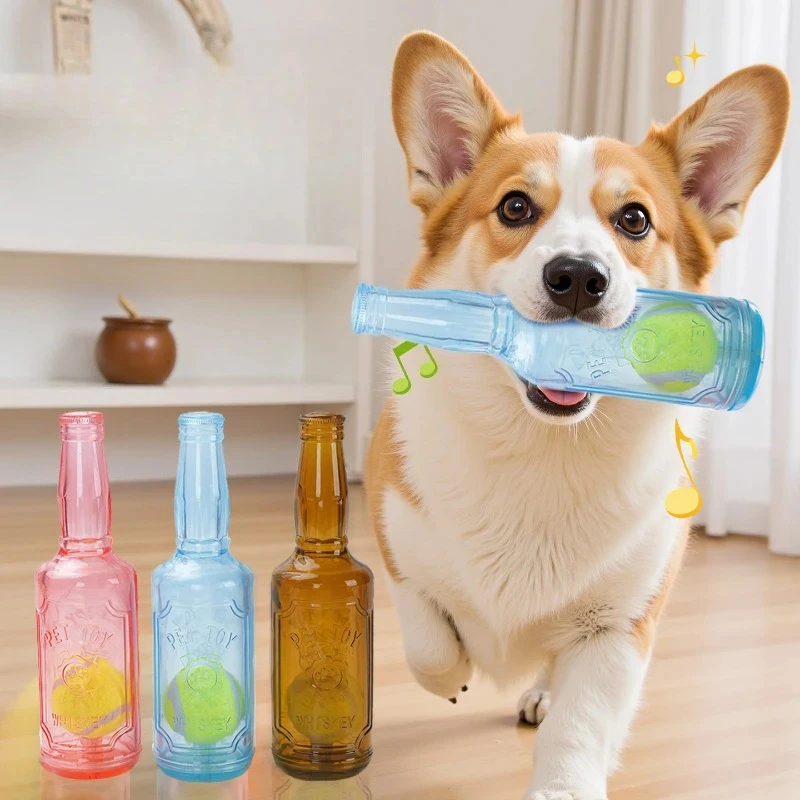 

Pet Chew Toy TPR Bite-Resistant Beer Bottle with Tennis Ball Squeaky Interactive Dog Molar Toy