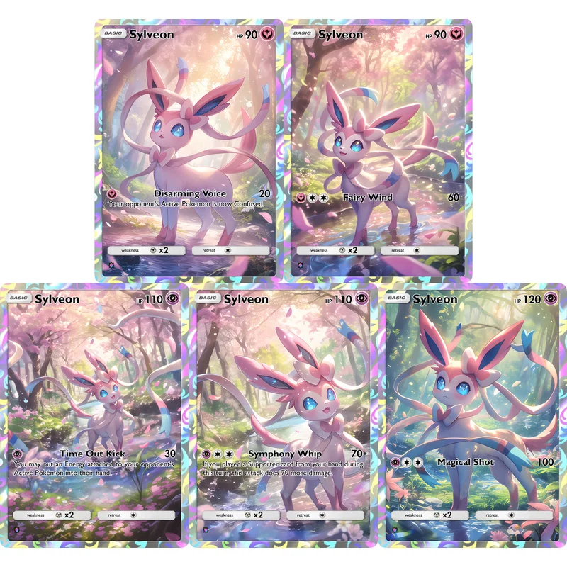 5Pcs Sylveon Trading Cards Set Full Art Holographic Fairy Collectible Game Cards for Kids Fans Gift