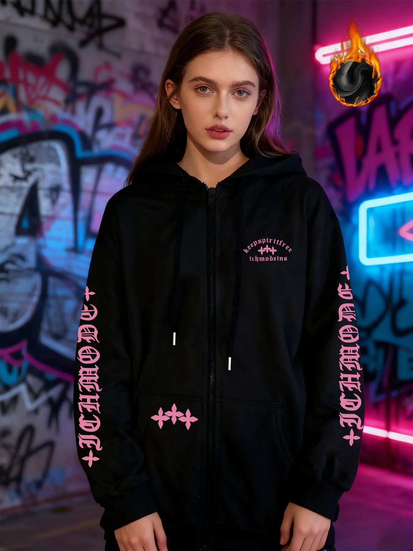 

Winter Y2k Gothic print thick heavy velvet black hooded zipper jacket slim temperament women's jacket casual lazy commuter style