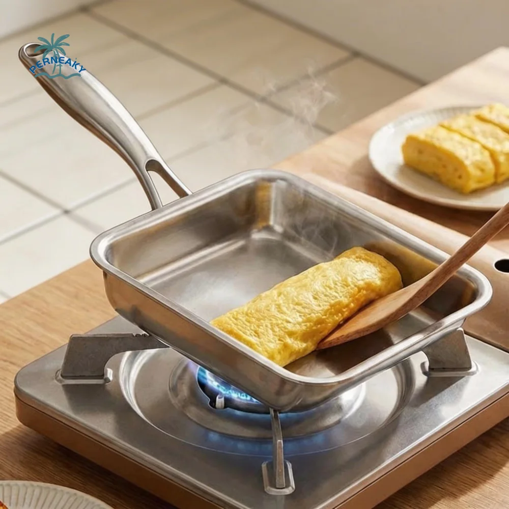 

Stainless Steel Tamagoyaki Pan Rectangular No Coating Japanese Omelette Pan Flat-bottomed Corrosion-resistant Sandwich Skillet