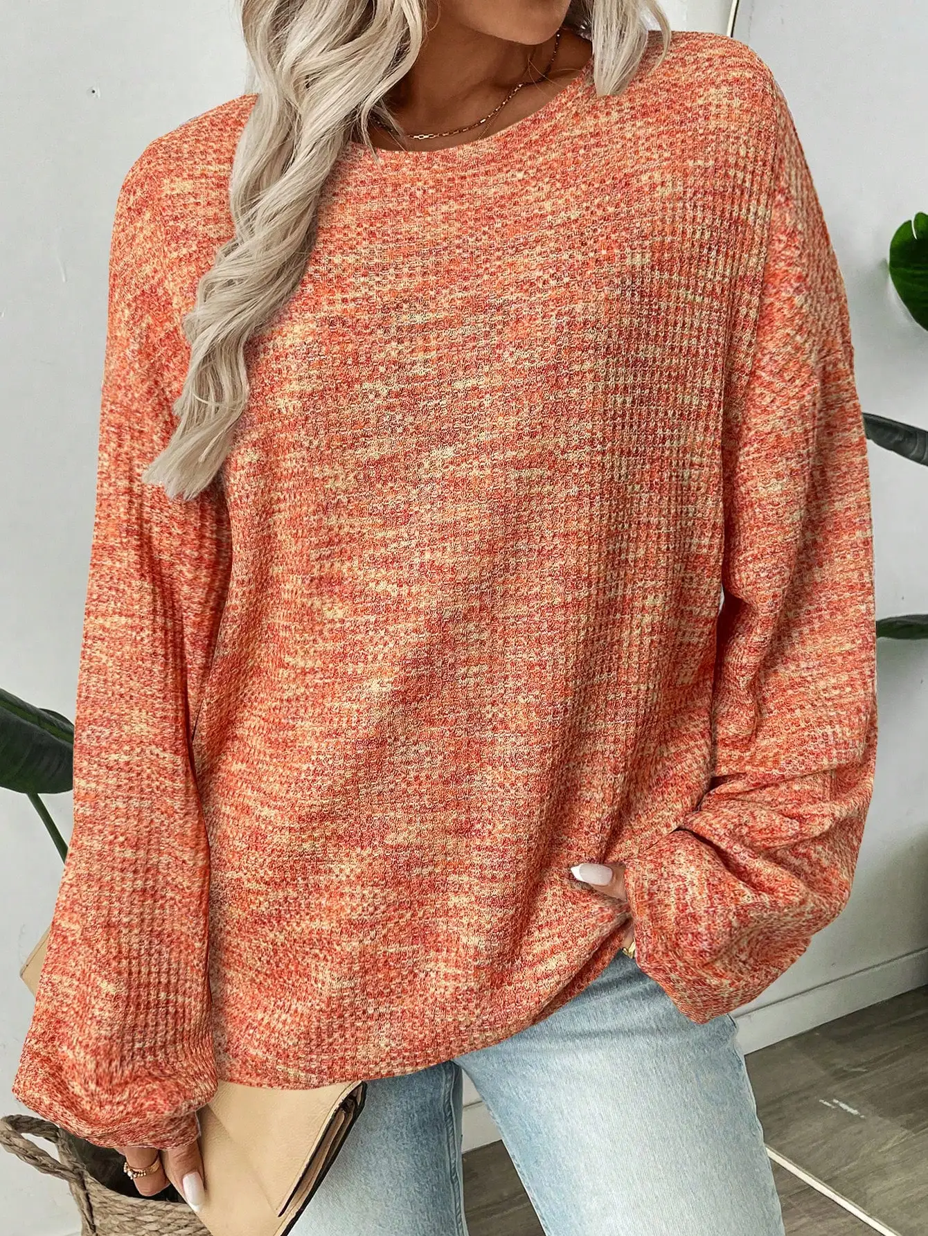 LUNE Women's Loose Drop Shoulder Textured Orange Long Sleeve Sweatshirt, Autumn Casual Knit Top