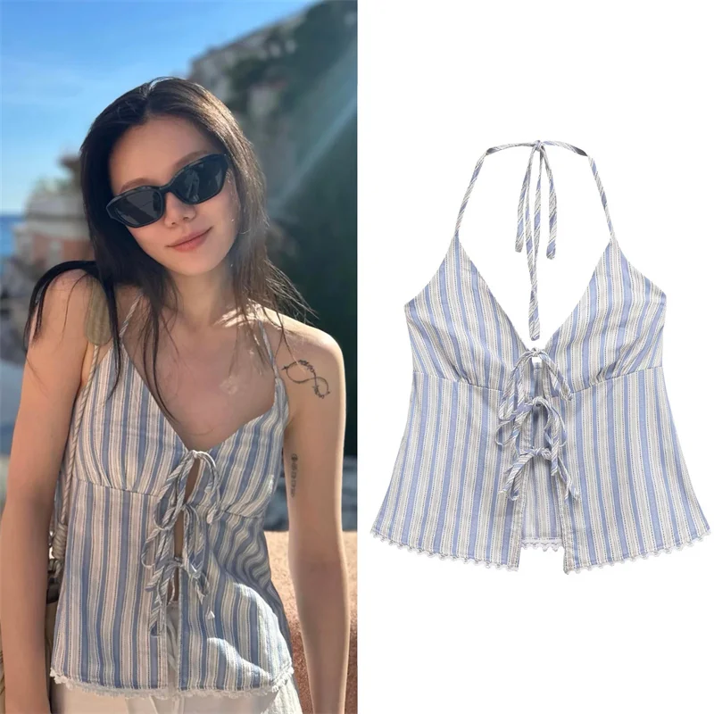

Women's Top 2025 Autumn New Style Striped Spaghetti Strap Halter Neck Sexy Tie Back Tank Top Casual Fashion Versatile