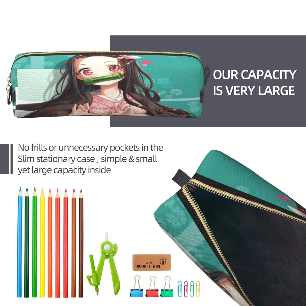 Nezuko Kamado مقلمة شيطان القاتل أنيمي مانغا القلم أكياس طالب سعة كبيرة الطلاب مدرسة التجميل قلم رصاص الحقيبة